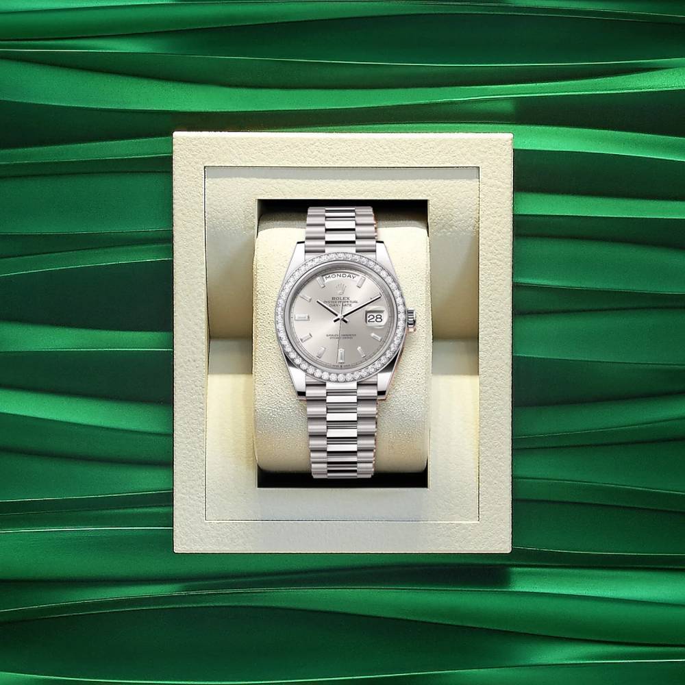 Rolex Day Date 36mm - Ref: 228349rbr-0001 - Silver Diamond Stick Dial & Diamond Bezel, 18K White Gold President Bracelet Watch