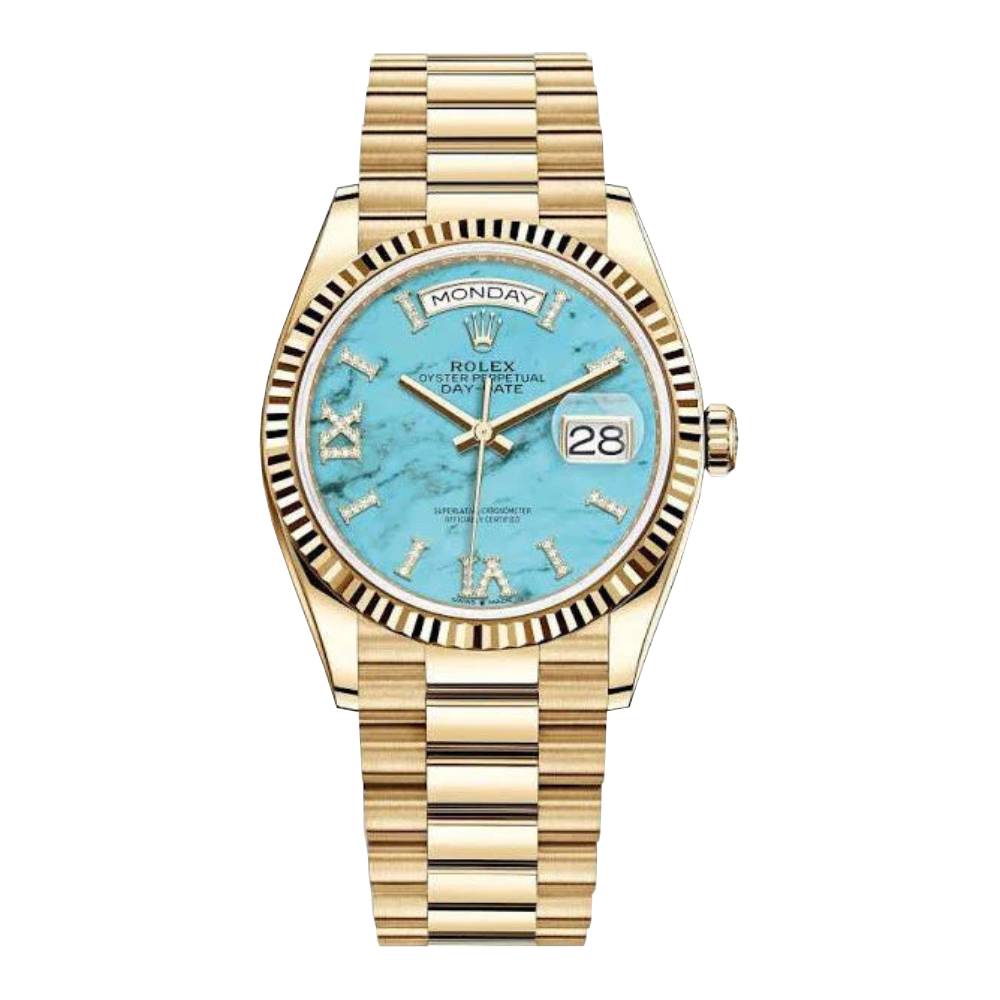 Rolex Day Date 36mm - Ref: ROL-270001 - Blue Turqouise Roman Dial & Fluted Bezel, 18K Yellow Gold President Bracelet Watch