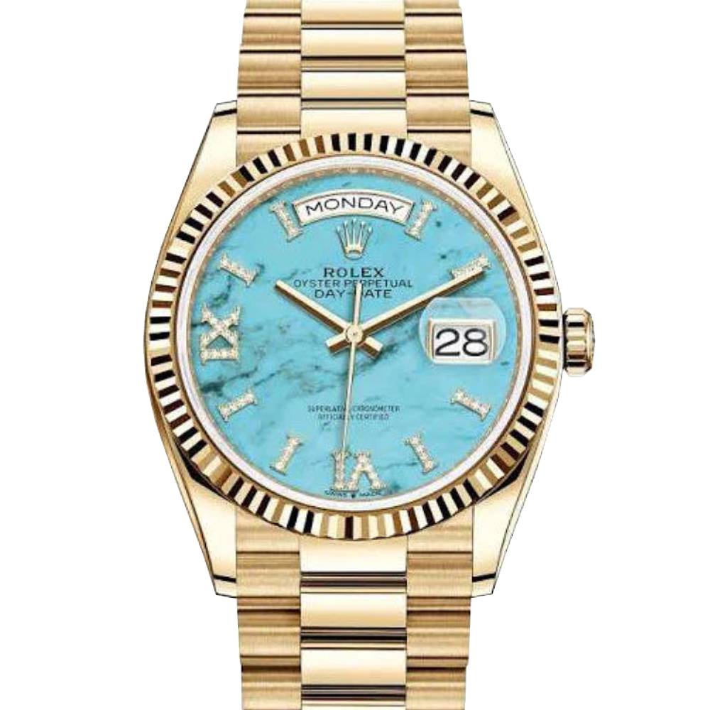 Rolex Day Date 36mm - Ref: ROL-270001 - Blue Turqouise Roman Dial & Fluted Bezel, 18K Yellow Gold President Bracelet Watch