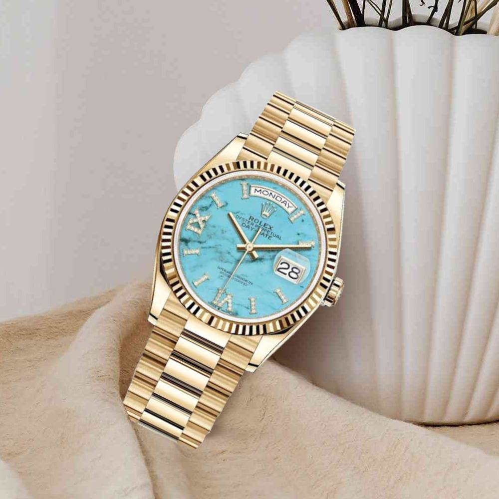 Rolex Day Date 36mm - Ref: ROL-270001 - Blue Turqouise Roman Dial & Fluted Bezel, 18K Yellow Gold President Bracelet Watch