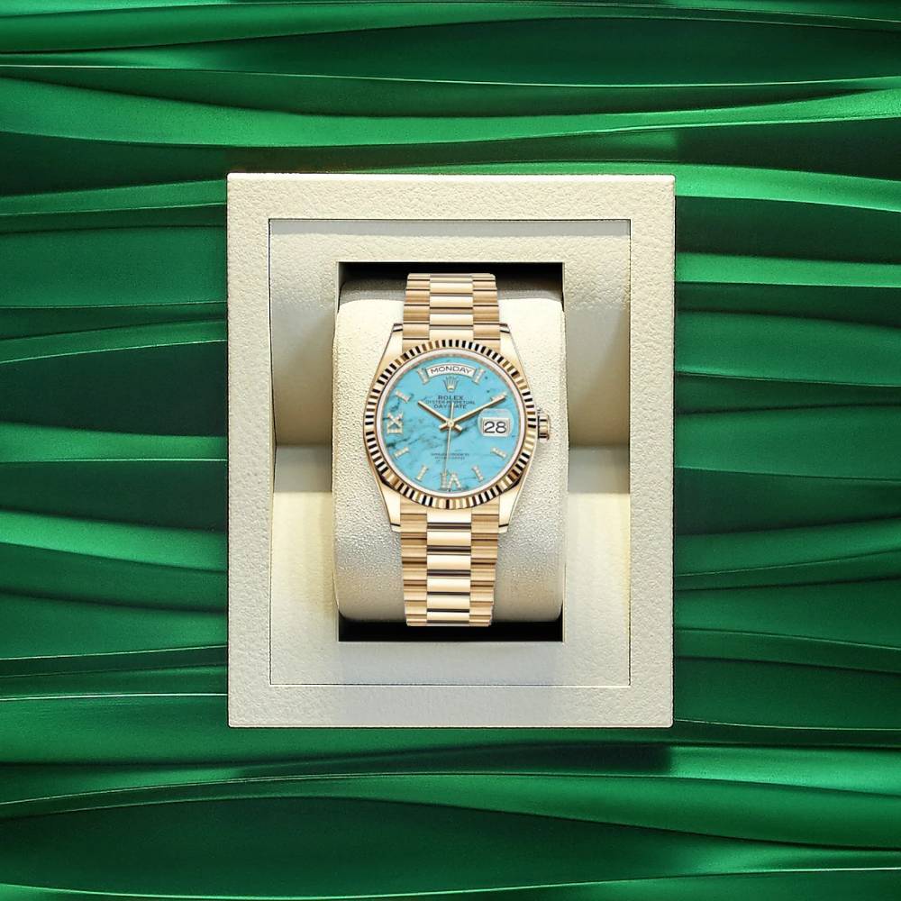 Rolex Day Date 36mm - Ref: ROL-270001 - Blue Turqouise Roman Dial & Fluted Bezel, 18K Yellow Gold President Bracelet Watch