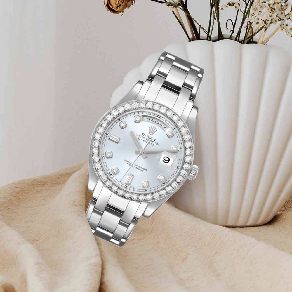 Rolex Day Date 39mm - Ref: 18946 - Ice Blue Diamond Dial & Diamond Bezel, Platinum President Bracelet Watch