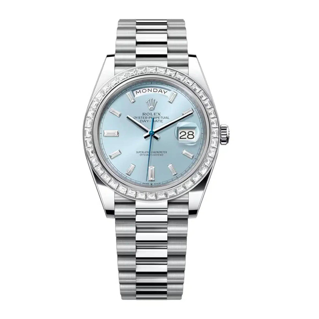 Rolex Day-Date 40 Presidential Platinum Watch, Blue dial, Diamond Bezel, President bracelet, model 228396tbr-0002