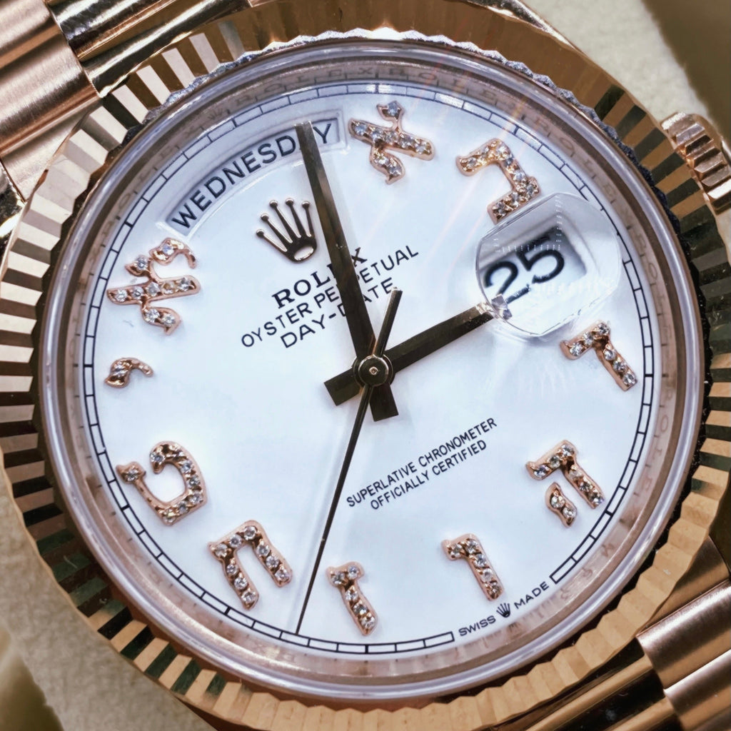 Rolex Day-Date 40 Presidential Custom Made Diamond Dial with Hebrew letters, 18K Everose Gold 228235