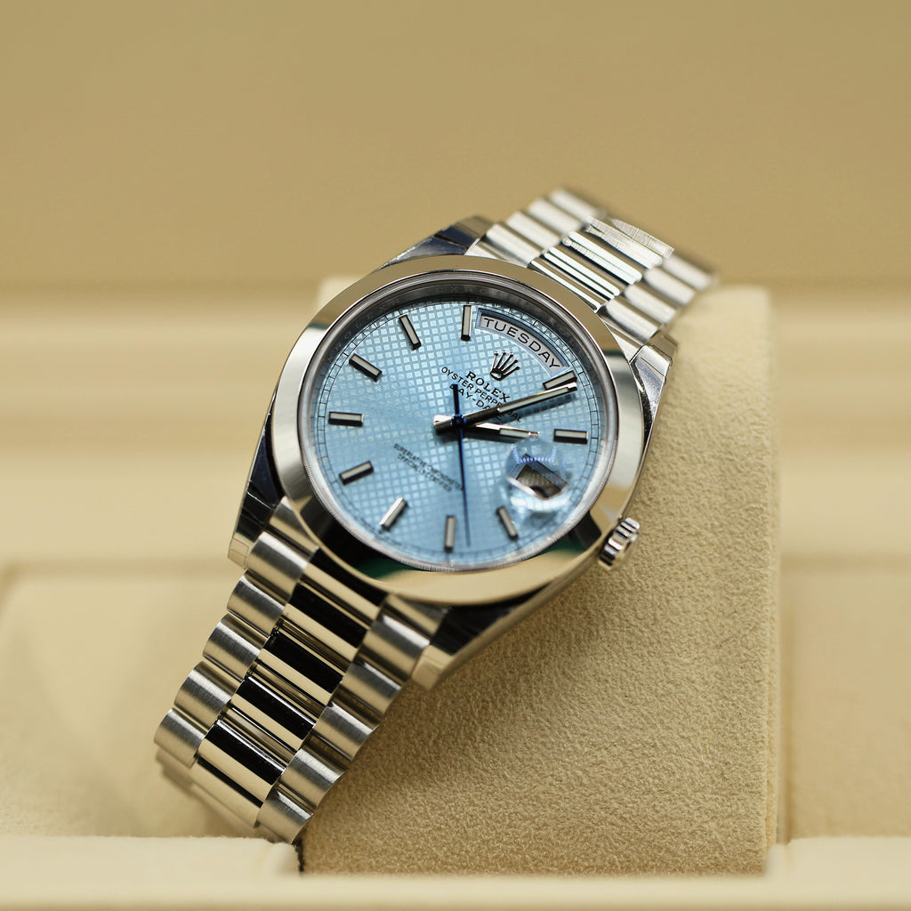 Rolex Day Date 40mm - Ref: 228206-0004 - Ice Blue Diagonal Motif Stick Dial, Platinum President Bracelet Men's Watch