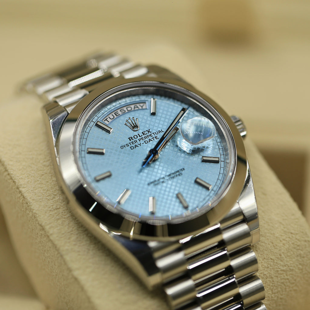 Rolex Day Date 40mm - Ref: 228206-0004 - Ice Blue Diagonal Motif Stick Dial, Platinum President Bracelet Men's Watch