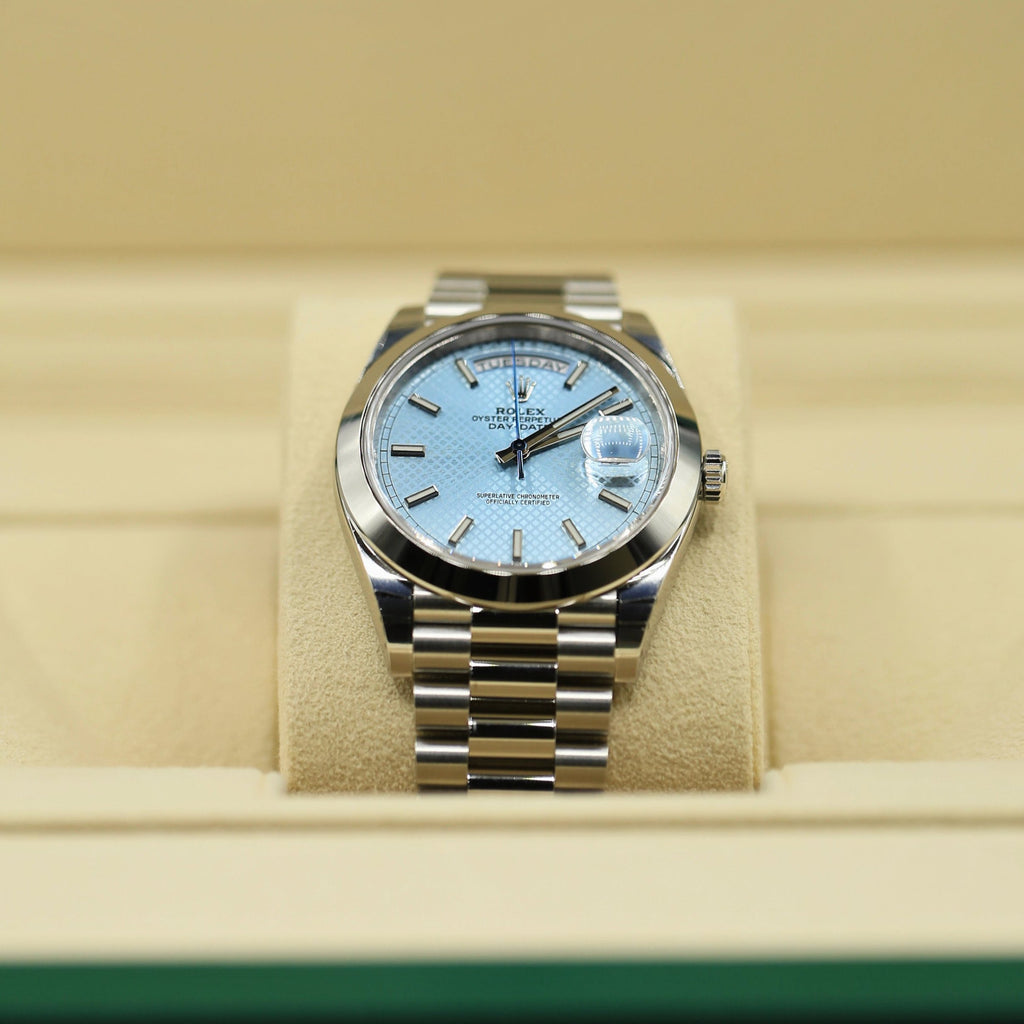 Rolex Day Date 40mm - Ref: 228206-0004 - Ice Blue Diagonal Motif Stick Dial, Platinum President Bracelet Men's Watch