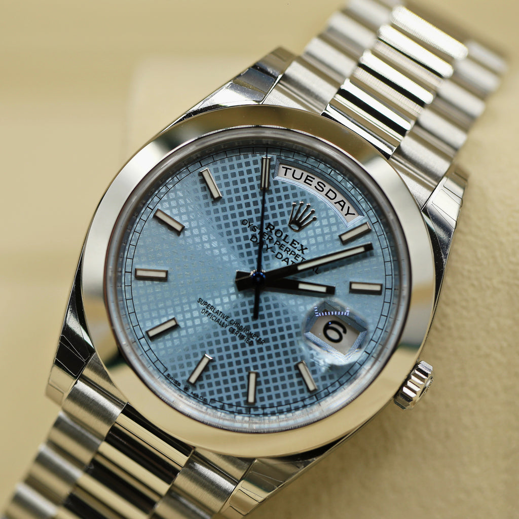 Rolex Day Date 40mm - Ref: 228206-0004 - Ice Blue Diagonal Motif Stick Dial, Platinum President Bracelet Men's Watch