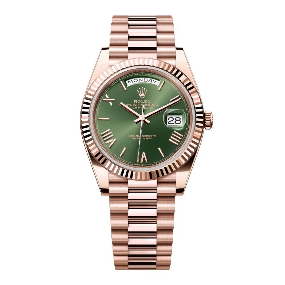 Rolex Day Date 40mm - Ref: 228235-0025 - Olive Green Roman Dial & Fluted Bezel, 18K Rose Gold President Bracelet Men's Watc