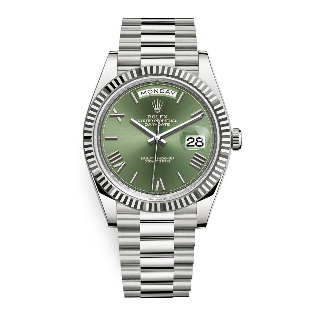 Rolex Day-Date 40 Presidential Olive green dial, Fluted Bezel, President bracelet, White gold Watch 228239-0033