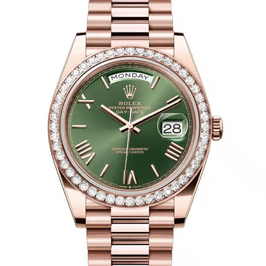 Rolex Day-Date 40, Presidential Olive green dial, Diamond Bezel, President bracelet, Watch 228345rbr-0011