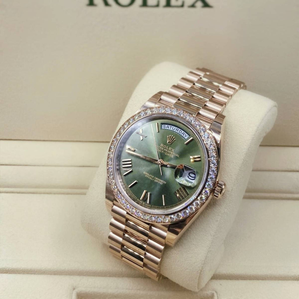 Rolex Day-Date 40, Presidential Olive green dial, Diamond Bezel, President bracelet, Watch 228345rbr-0011