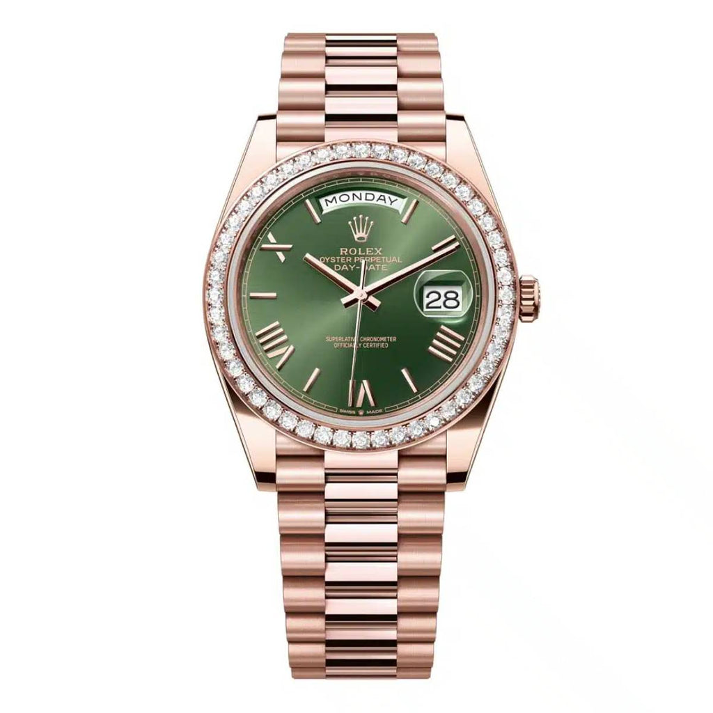 Rolex Day-Date 40, Presidential Olive green dial, Diamond Bezel, President bracelet, Watch 228345rbr-0011