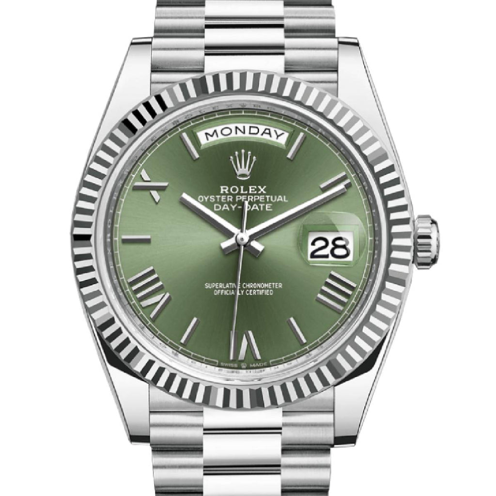 Rolex Day-Date 40 Olive Green Roman dial, Fluted Bezel, President bracelet, Platinum Watch 228236 ogrp