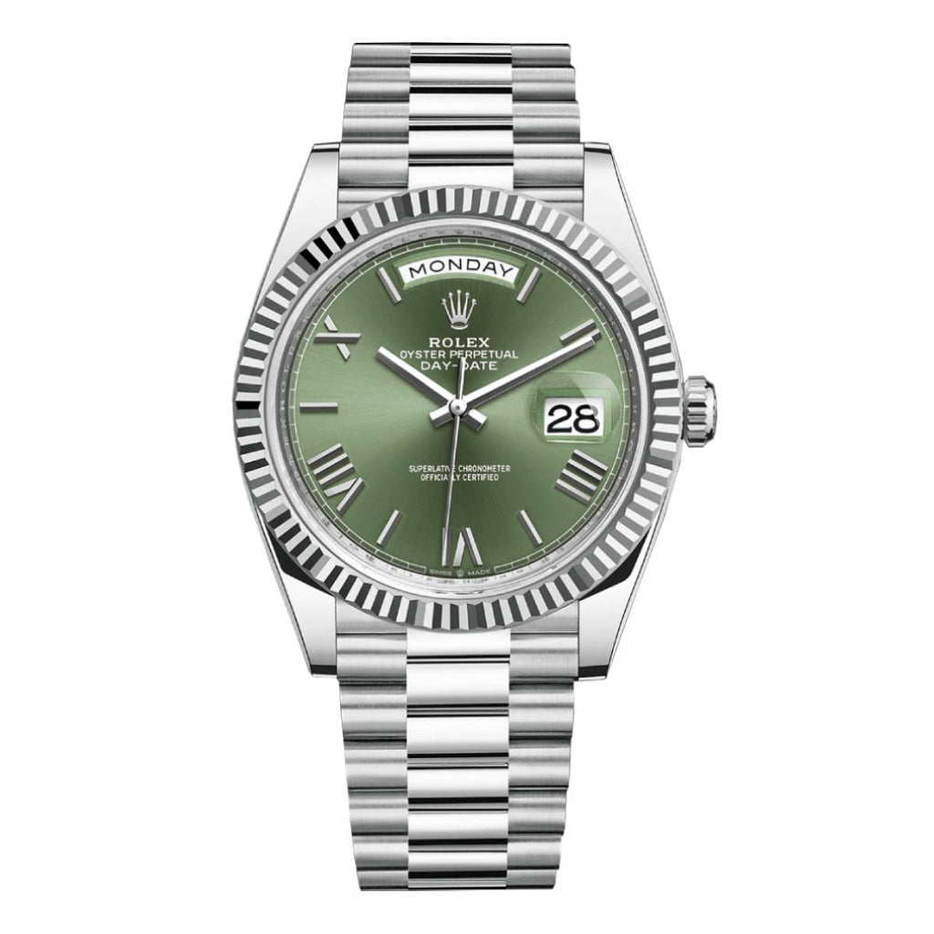 Rolex Day-Date 40 Olive Green Roman dial, Fluted Bezel, President bracelet, Platinum Watch 228236 ogrp