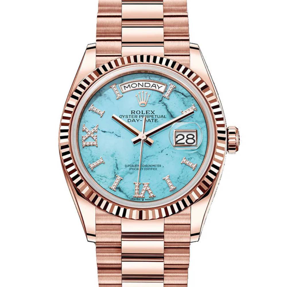 Rolex Day Date 40mm - Ref: 128235 - Blue Turqouise Roman Dial & Fluted Bezel, 18K Rose Gold President Bracelet Men's Watch