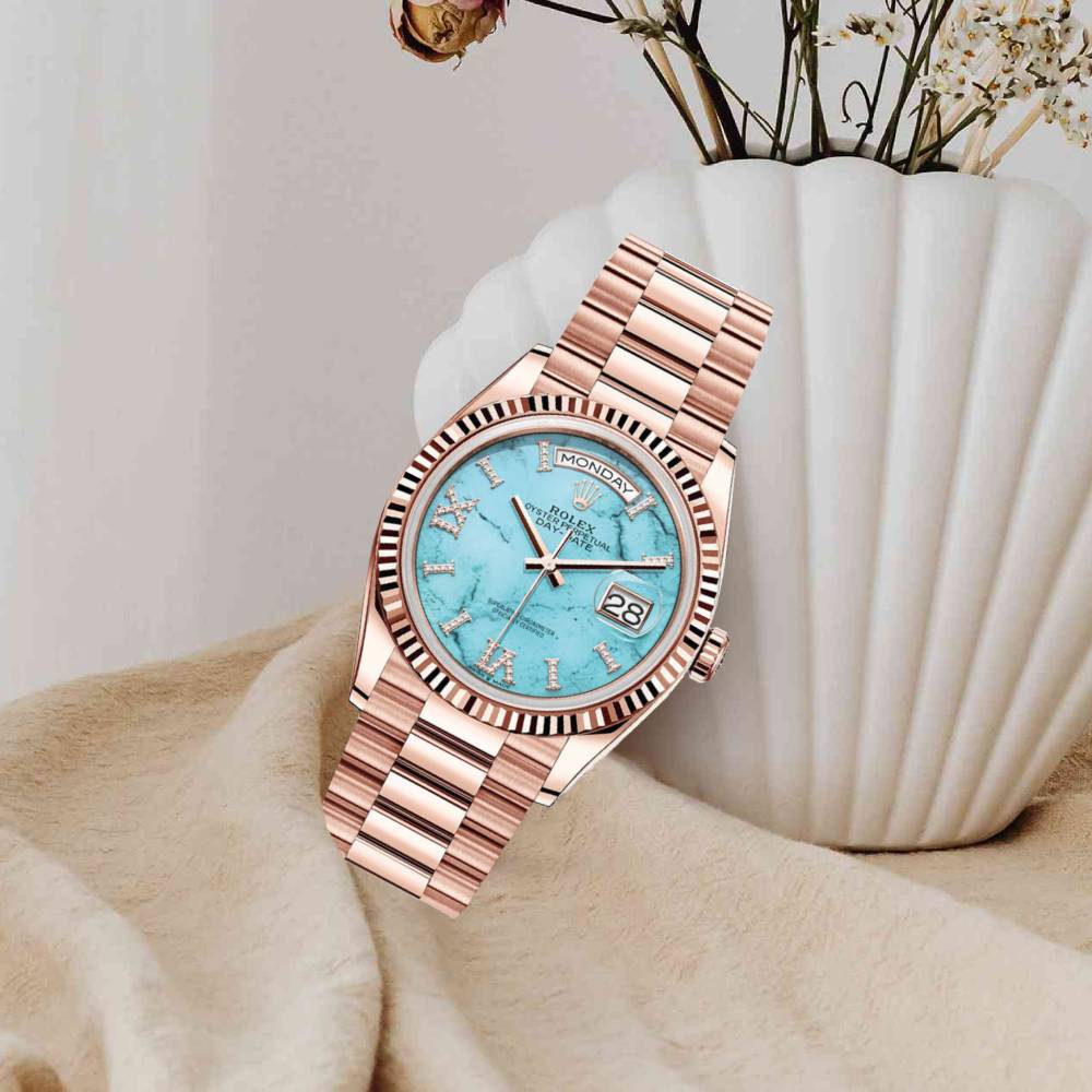 Rolex Day Date 40mm - Ref: 128235 - Blue Turqouise Roman Dial & Fluted Bezel, 18K Rose Gold President Bracelet Men's Watch