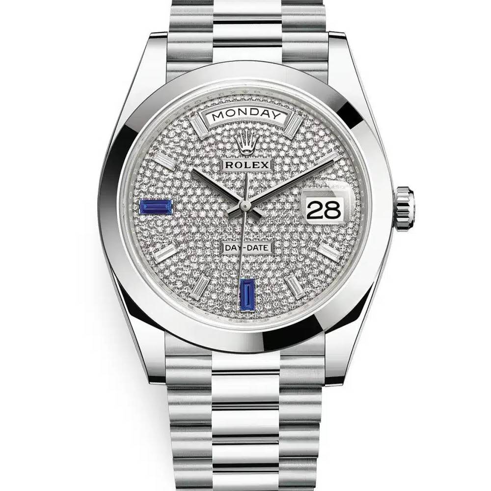 Rolex Day Date 40mm - Ref: 228206-0029 - Pave Diamond / Sapphire Dial, Platinum President Bracelet Men's Watch