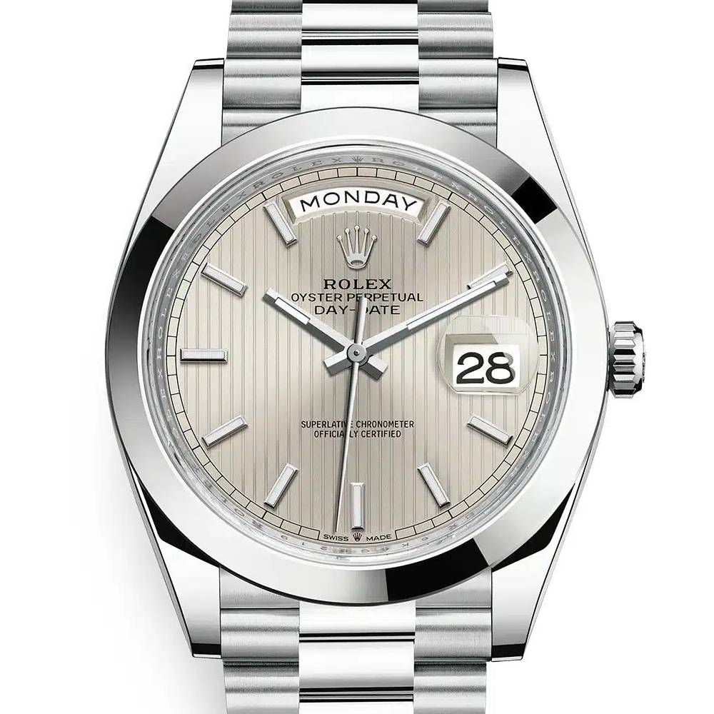 Rolex Day Date 40mm - Ref: 228206-0034 - Silver Stripe Motif Stick Dial, Platinum President Bracelet Men's Watch