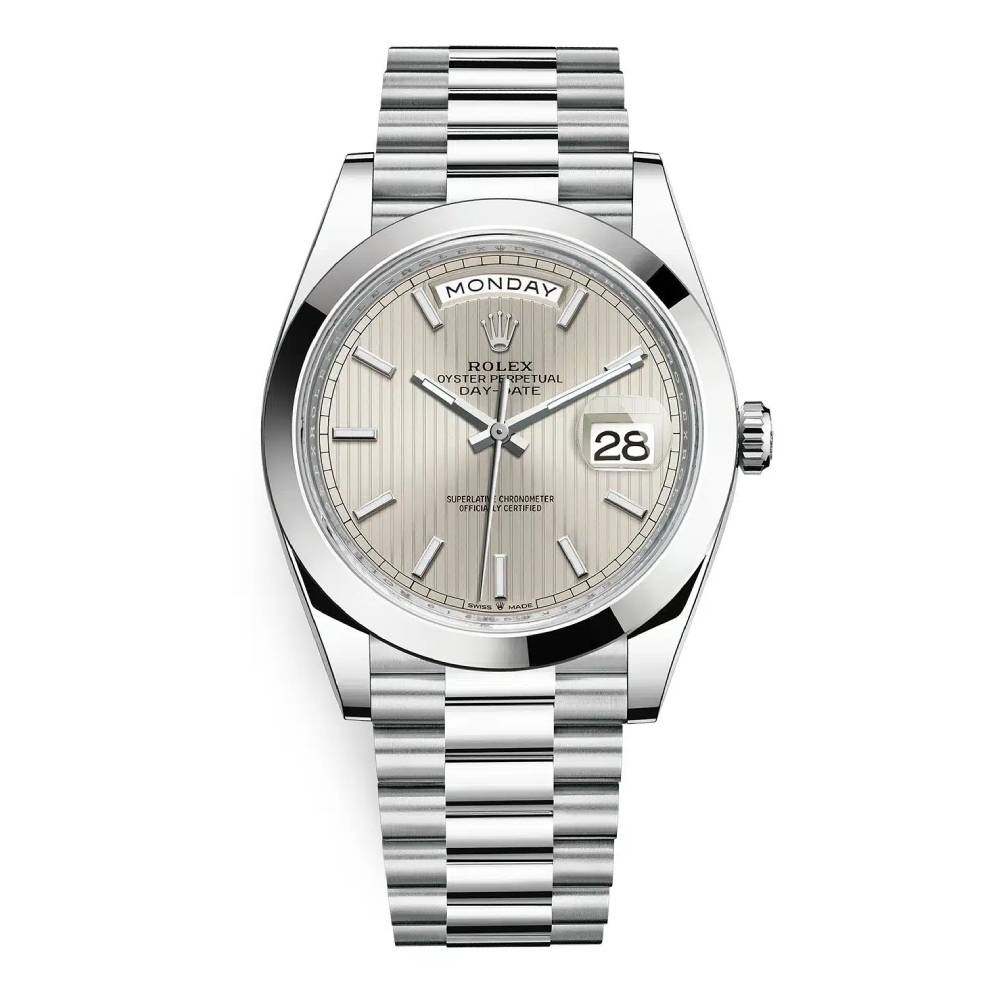 Rolex Day Date 40mm - Ref: 228206-0034 - Silver Stripe Motif Stick Dial, Platinum President Bracelet Men's Watch