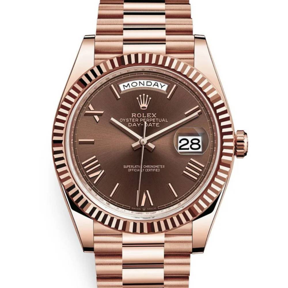 Rolex Day Date 40mm - Ref: 228235-0002 - Chocolate Roman Dial & Fluted Bezel, 18K Rose Gold President Bracelet Men's Watch