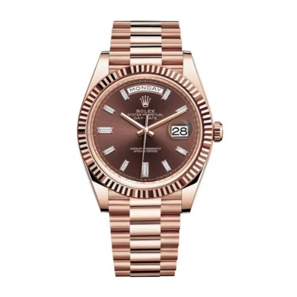 Rolex Day Date 40mm - Ref: 228235-0003 - Chocolate Diamond Dial & Fluted Bezel, 18K Rose Gold President Bracelet Men's Watch