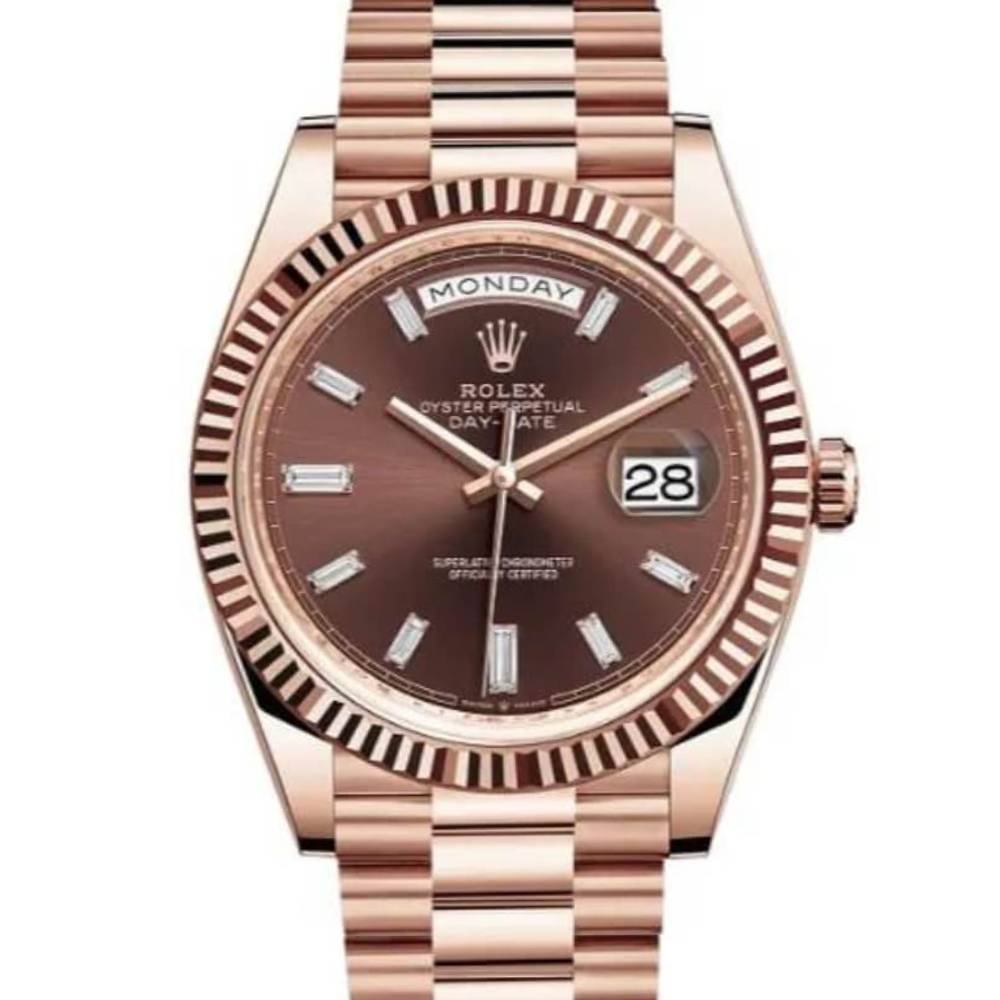 Rolex Day Date 40mm - Ref: 228235-0003 - Chocolate Diamond Dial & Fluted Bezel, 18K Rose Gold President Bracelet Men's Watch