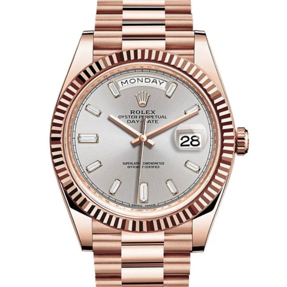 Rolex Day Date 40mm - Ref: 228235-0004 - Silver Diamond Dial & Fluted Bezel, 18K Rose Gold President Bracelet Men's Watch