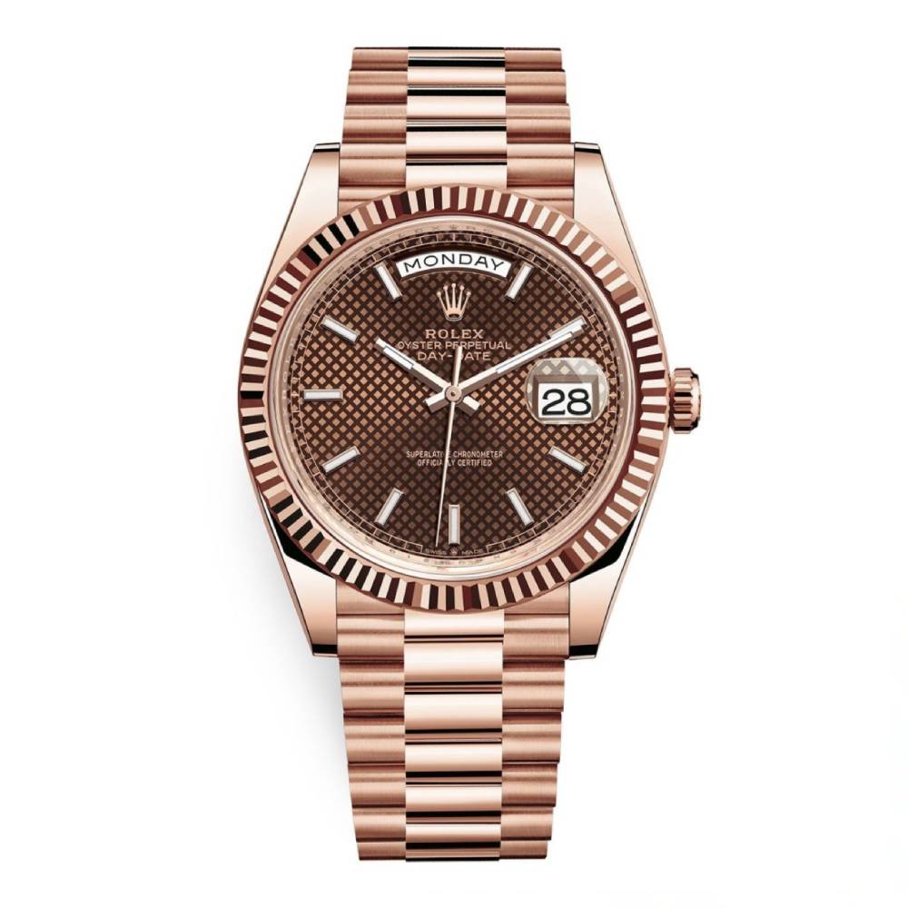 Rolex Day Date 40mm - Ref: 228235-0006 - Chocolate Diagonal Motif Stick Dial & Fluted Bezel, 18K Rose Gold President Bracelet Men's Watch