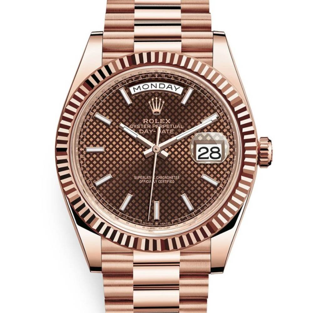 Rolex Day Date 40mm - Ref: 228235-0006 - Chocolate Diagonal Motif Stick Dial & Fluted Bezel, 18K Rose Gold President Bracelet Men's Watch