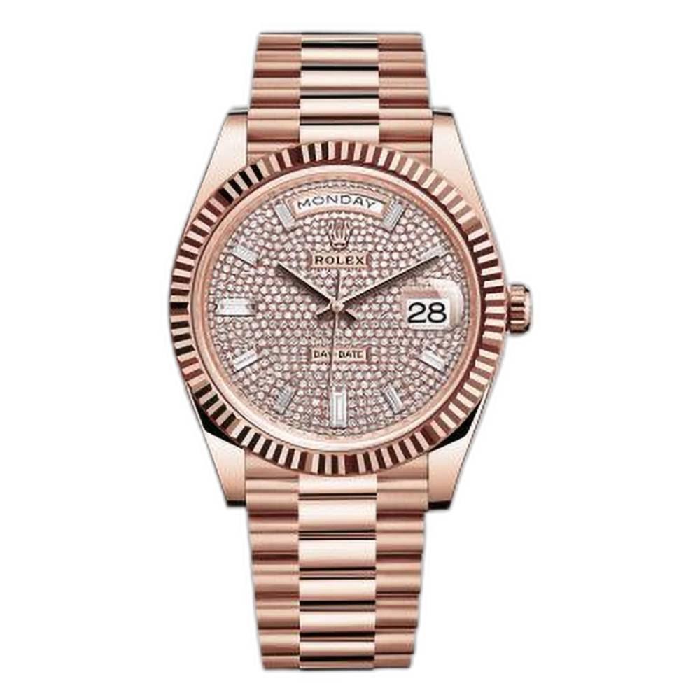 Rolex Day Date 40mm - Ref: 228235-0036 - Pave Diamond Dial & Fluted Bezel, 18K Rose Gold President Bracelet Men's Watch