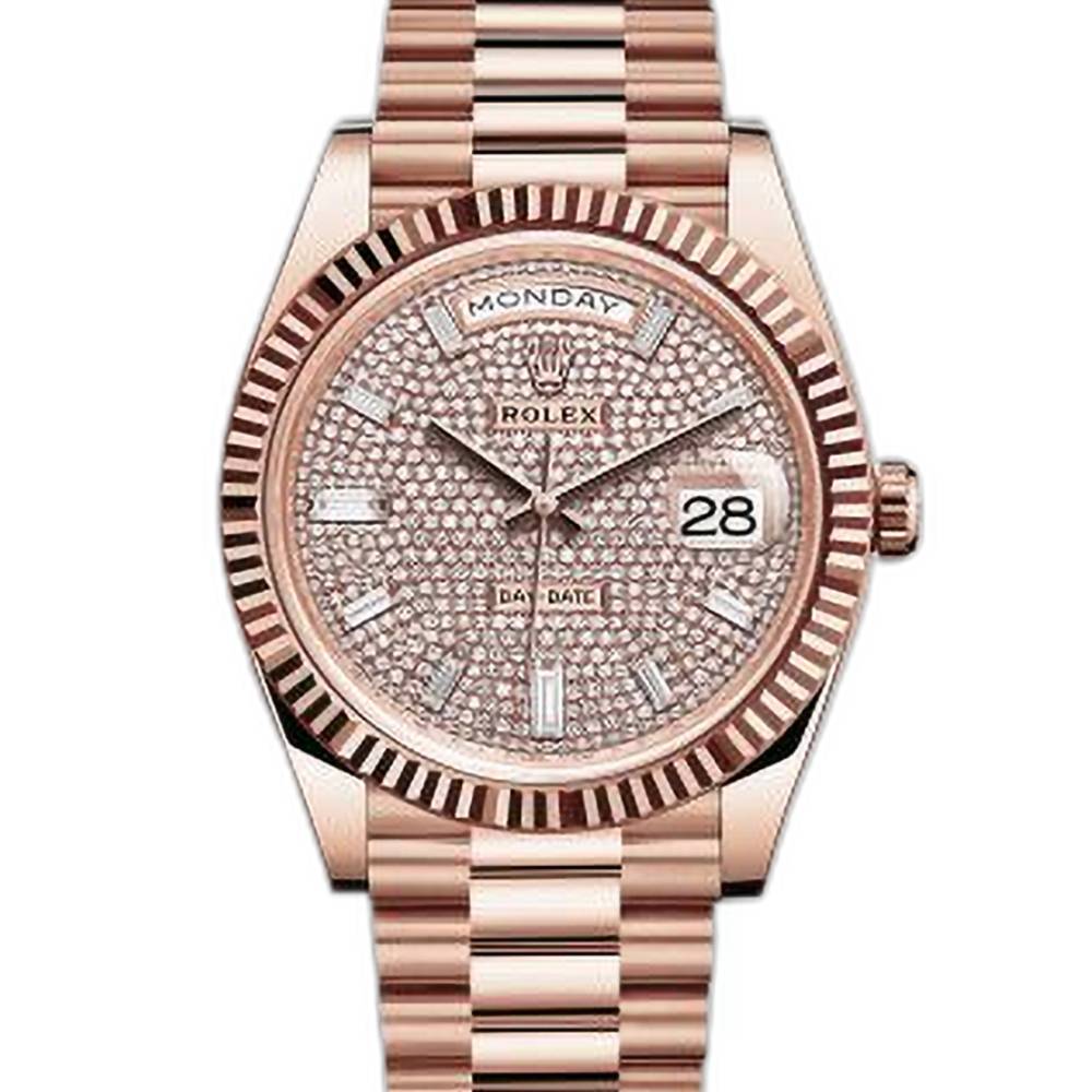 Rolex Day Date 40mm - Ref: 228235-0036 - Pave Diamond Dial & Fluted Bezel, 18K Rose Gold President Bracelet Men's Watch