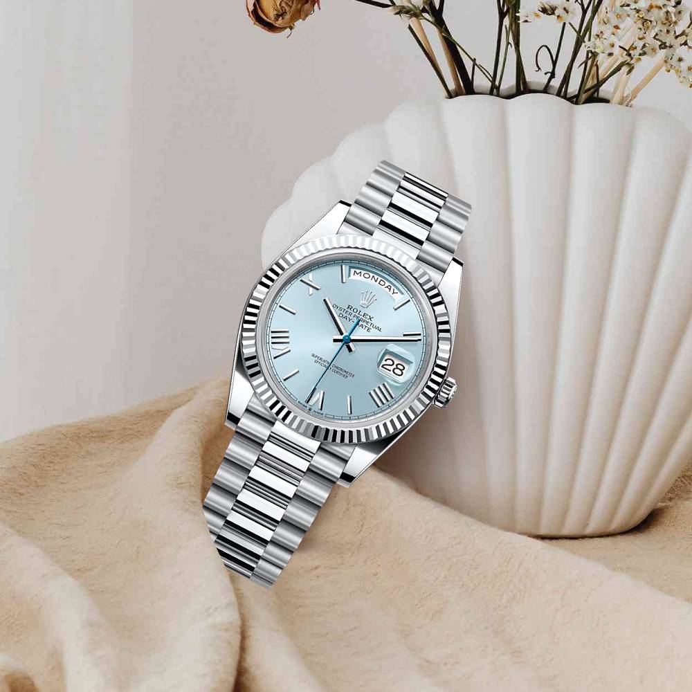 Rolex Day Date 40mm - Ref: 228236-0012 - Ice Blue Roman Dial & Fluted Bezel, Platinum President Bracelet Men's Watch