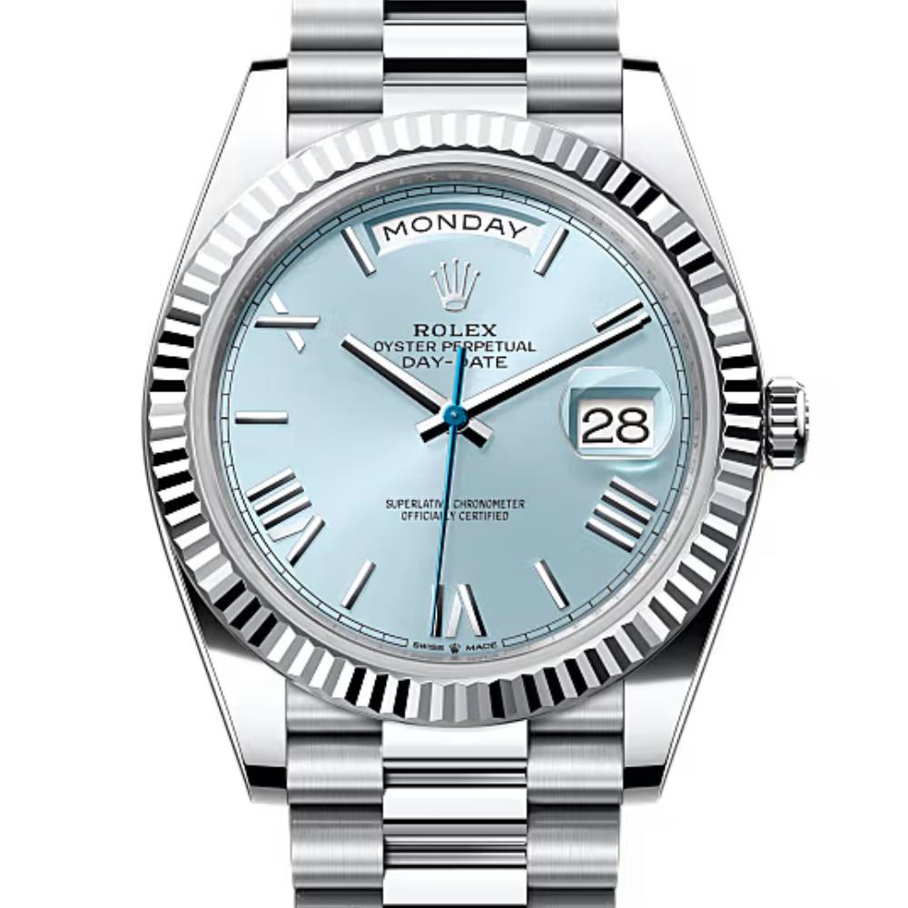 Rolex Day Date 40mm - Ref: 228236-0012 - Ice Blue Roman Dial & Fluted Bezel, Platinum President Bracelet Men's Watch