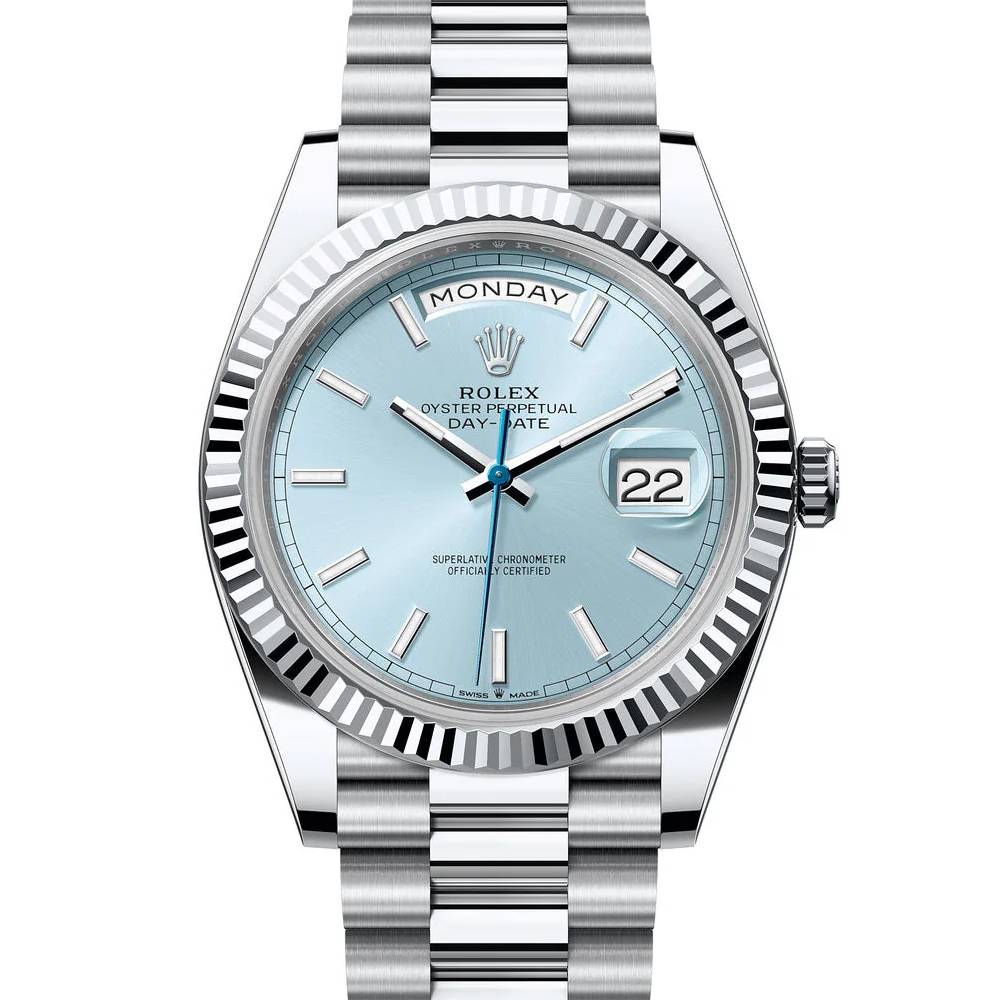 Rolex Day Date 40mm - Ref: 228236 - Ice Blue Stick Dial & Fluted Bezel, Platinum President Bracelet Men's Watch