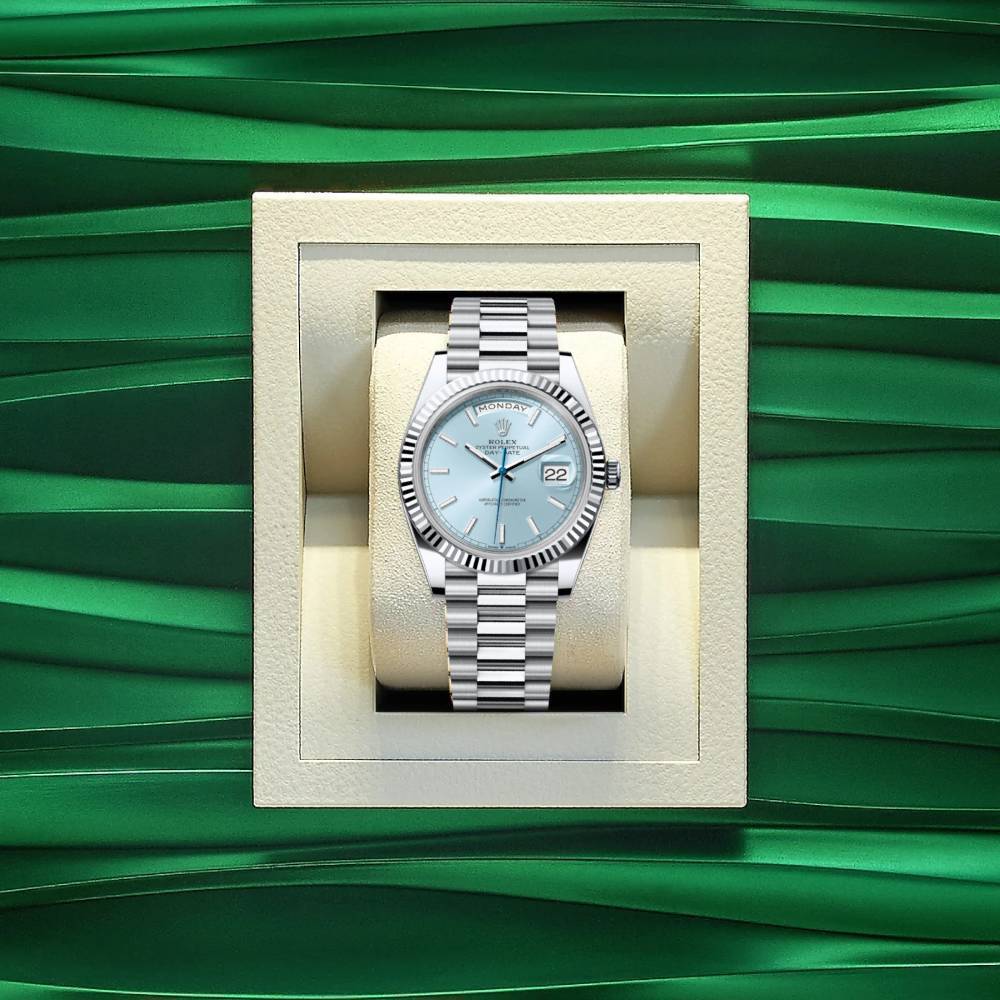 Rolex Day Date 40mm - Ref: 228236 - Ice Blue Stick Dial & Fluted Bezel, Platinum President Bracelet Men's Watch