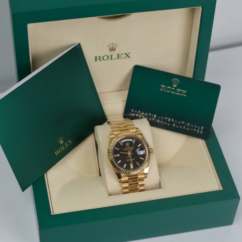 Rolex Day Date 40mm - Ref: 228238-0004 - Black Diamond Dial & Fluted Bezel, 18K Yellow Gold President Bracelet Men's Watch