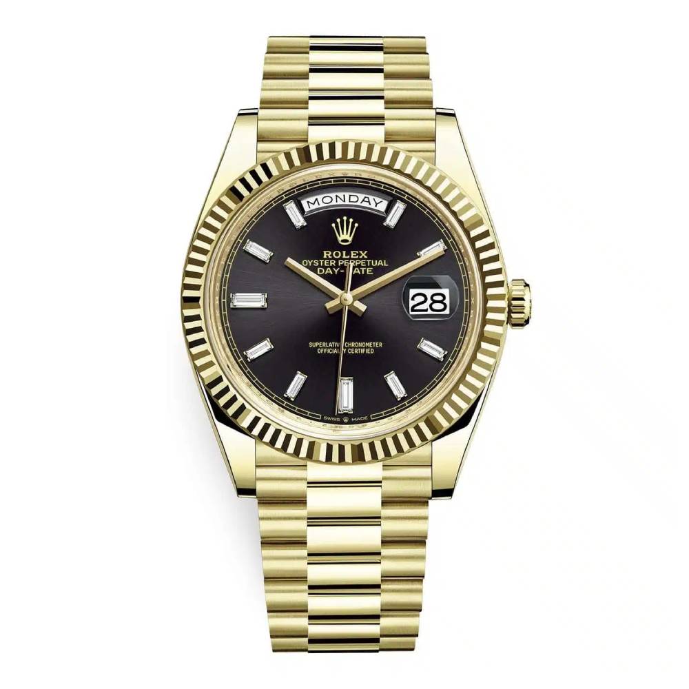 Rolex Day Date 40mm - Ref: 228238-0004 - Black Diamond Dial & Fluted Bezel, 18K Yellow Gold President Bracelet Men's Watch