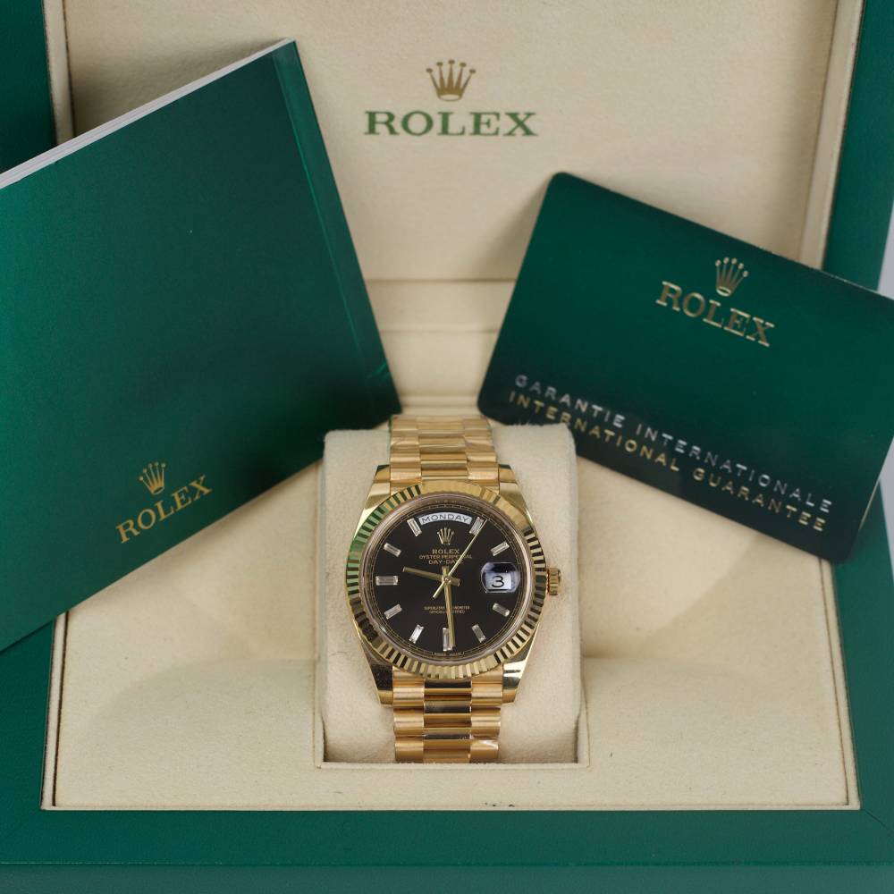 Rolex Day Date 40mm - Ref: 228238-0004 - Black Diamond Dial & Fluted Bezel, 18K Yellow Gold President Bracelet Men's Watch