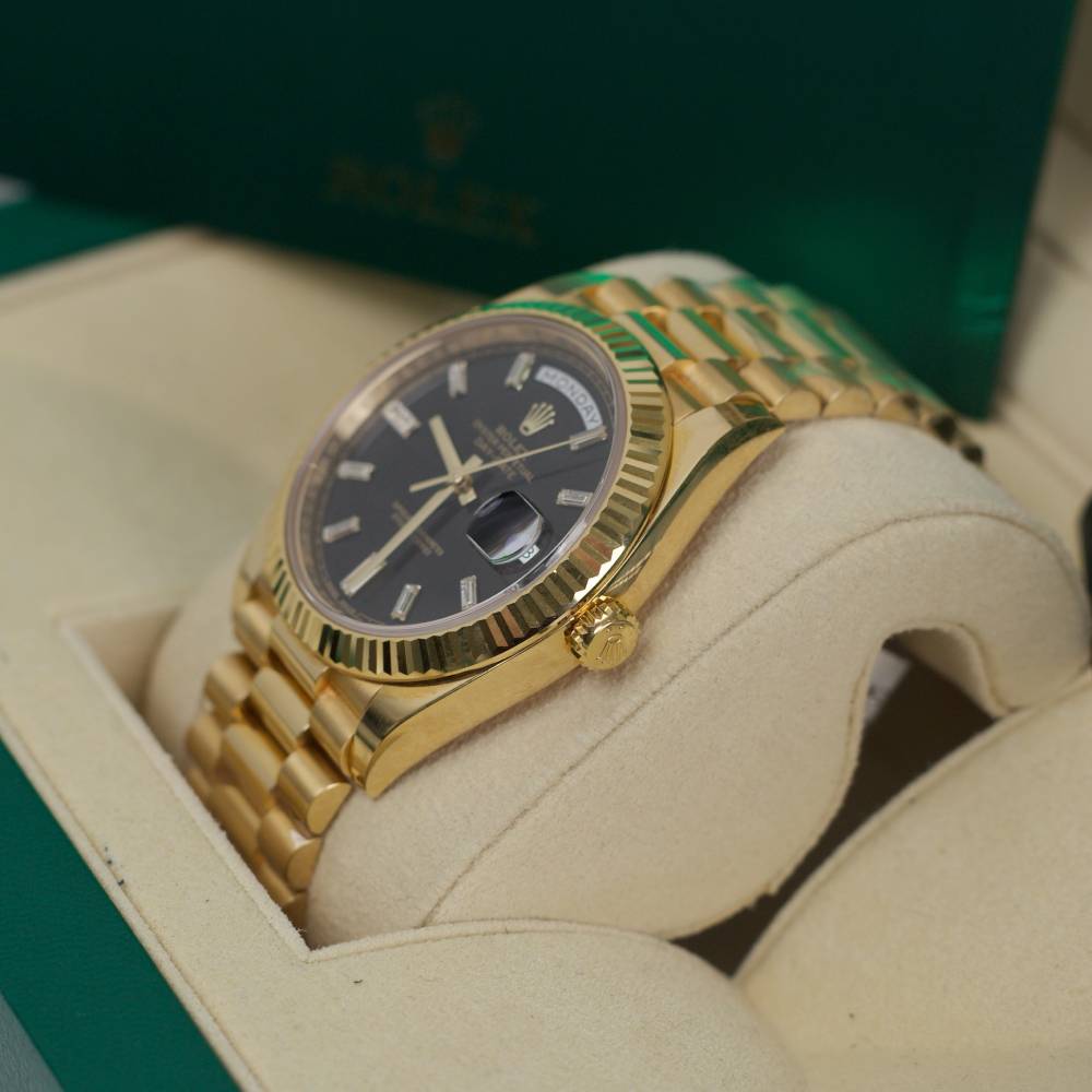 Rolex Day Date 40mm - Ref: 228238-0004 - Black Diamond Dial & Fluted Bezel, 18K Yellow Gold President Bracelet Men's Watch