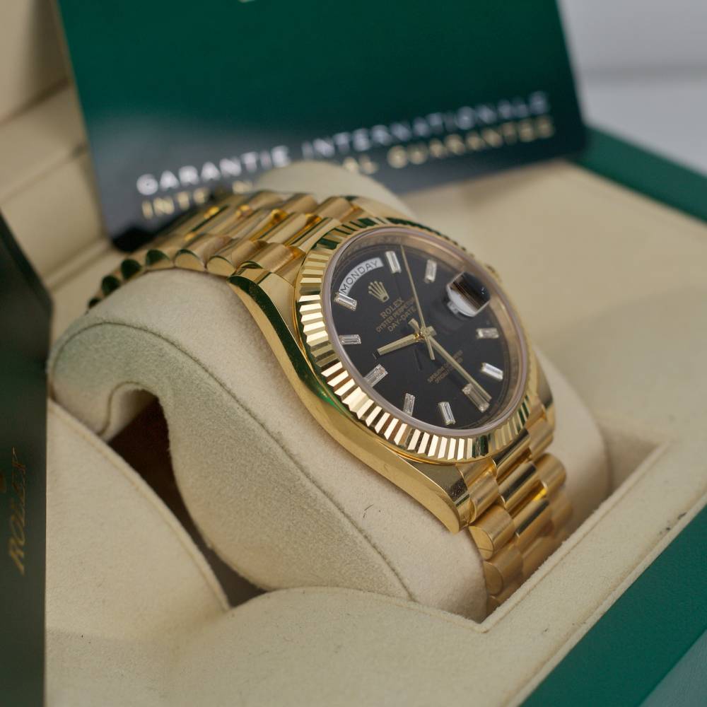 Rolex Day Date 40mm - Ref: 228238-0004 - Black Diamond Dial & Fluted Bezel, 18K Yellow Gold President Bracelet Men's Watch