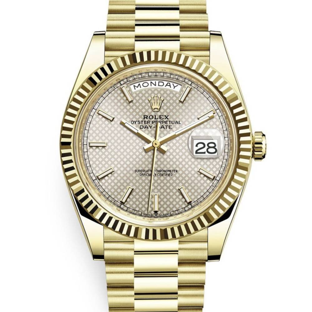 Rolex Day Date 40mm - Ref: 228238-0008 - Silver Diagonal Motif Stick Dial & Fluted Bezel, 18K Yellow Gold President Bracelet Men's Watch