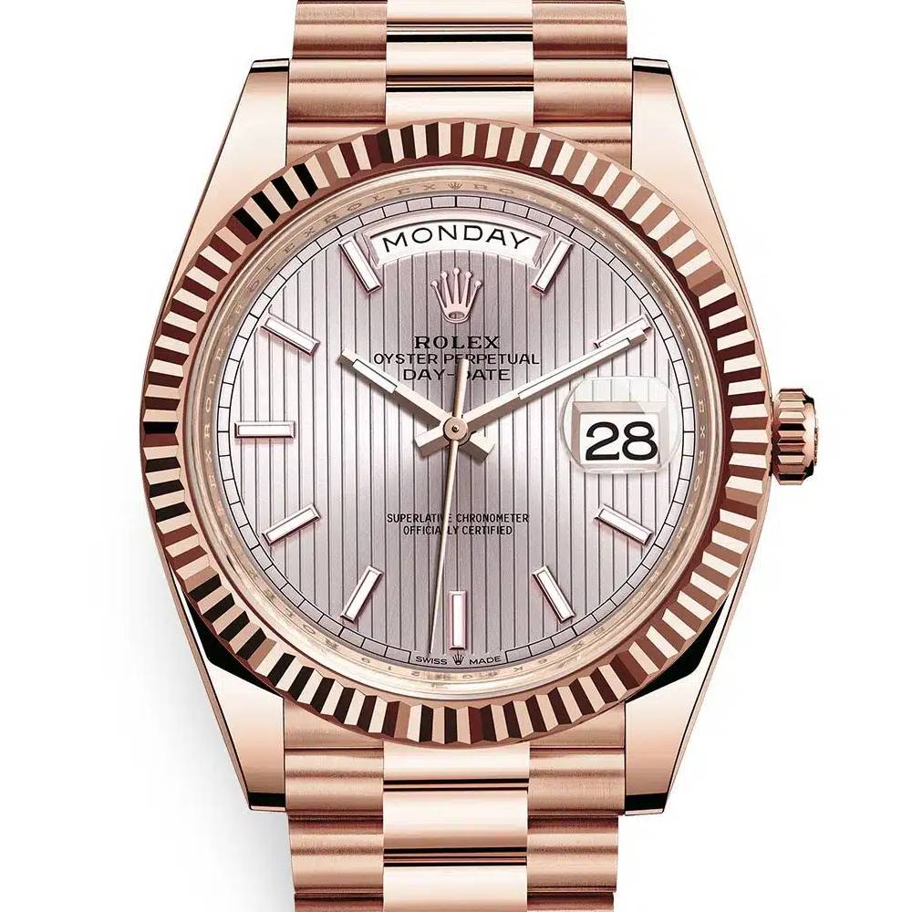 Rolex Day Date 40mm - Ref: 228235-0005 - Silver Stripe Motif Stick Dial & Fluted Bezel, 18K Rose Gold President Bracelet Men's Watch