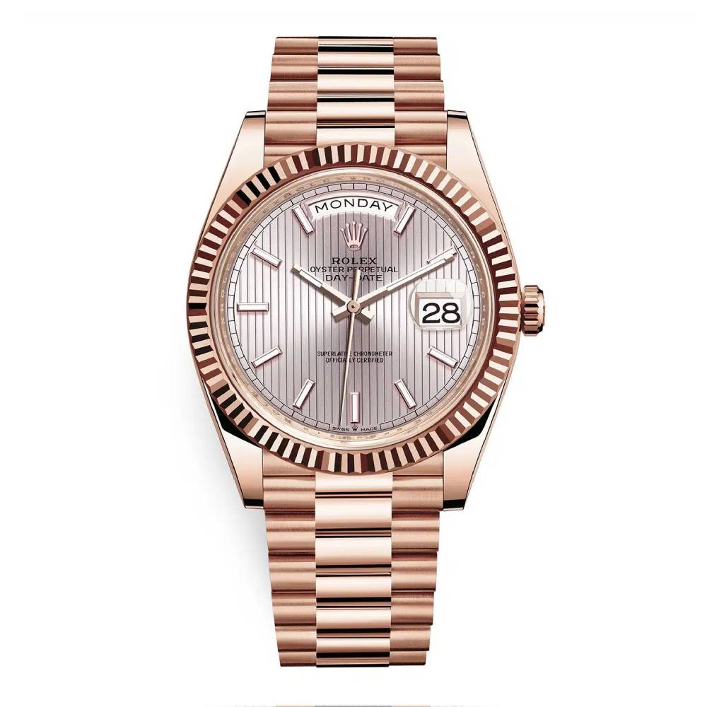 Rolex Day Date 40mm - Ref: 228235-0005 - Silver Stripe Motif Stick Dial & Fluted Bezel, 18K Rose Gold President Bracelet Men's Watch