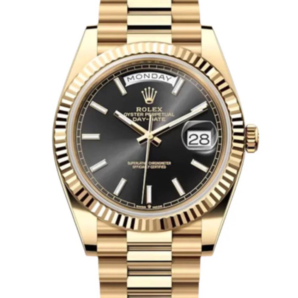 Rolex Day Date 40mm - Ref: 228238 - Black Stick Dial & Fluted Bezel, 18K Yellow Gold President Bracelet Men's Watch