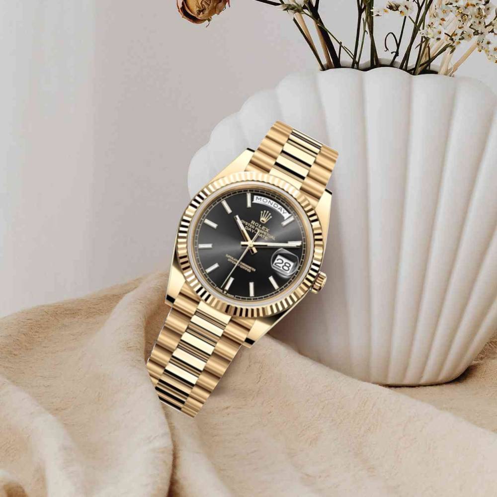 Rolex Day Date 40mm - Ref: 228238 - Black Stick Dial & Fluted Bezel, 18K Yellow Gold President Bracelet Men's Watch