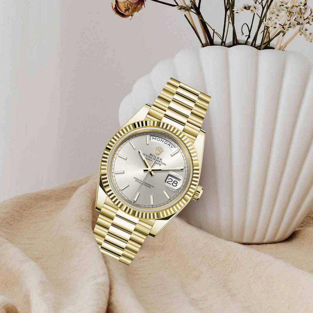 Rolex Day Date 40mm - Ref: 228238 - Silver Stick Dial & Fluted Bezel, 18K Yellow Gold President Bracelet Men's Watch