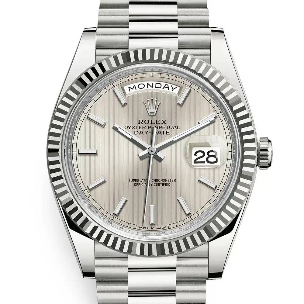 Rolex Day Date 40mm - Ref: 228239-0001 - Silver Stripe Motif Stick Dial & Fluted Bezel, 18K White Gold President Bracelet Men's Watch