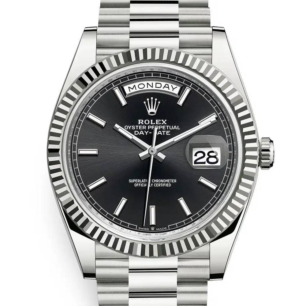 Rolex Day Date 40mm - Ref: 228239-0004 - Black Stick Dial & Fluted Bezel, 18K White Gold President Bracelet Men's Watch