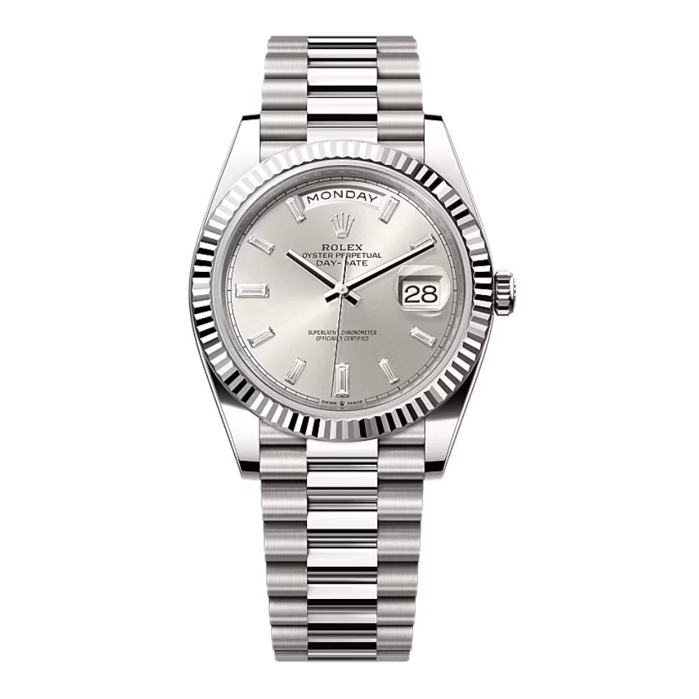 Rolex Day Date 40mm - Ref: 228239-0003 - Silver Stick Dial & Fluted Bezel, 18K White Gold President Bracelet Men's Watch